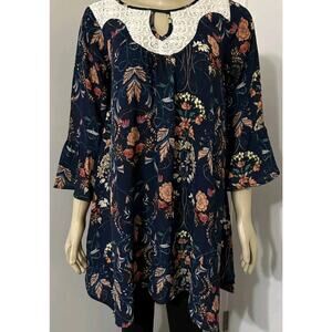 Umgee Floral Boho Tunic Top Mini Dress Sz 2x Crochet Lace Detail Bell Sleeve